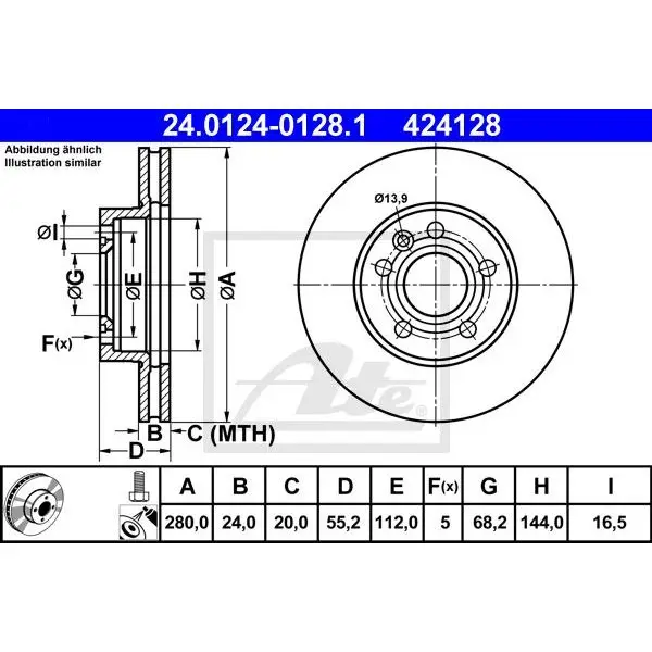Диск тормозной передний VW T4 96 ATE 24.0124-0128.1