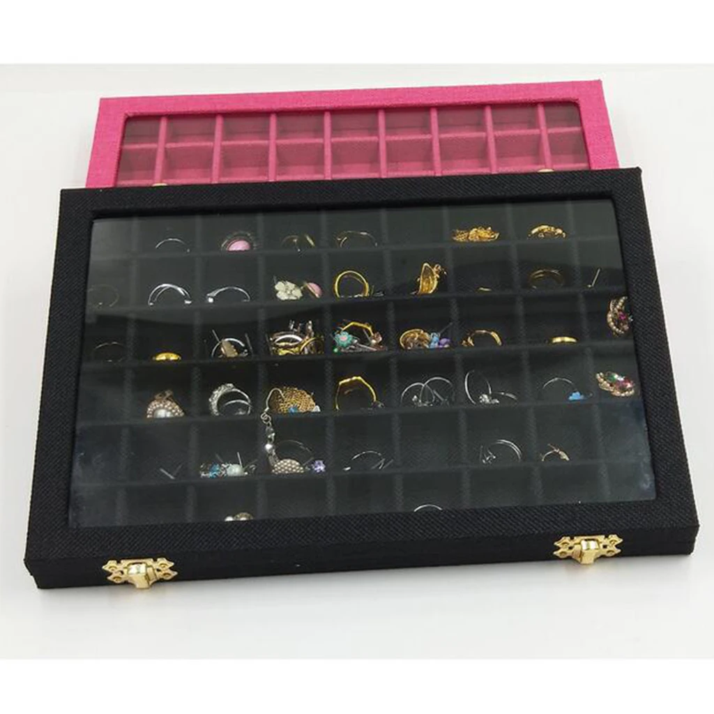 Line Box 54 Grids Clear Glass Lid Rings Holder Showcase Storage Organizer 31x22x2.8cm