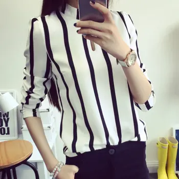 

2020 New Striped Print Women's Shirts Office Lady Summer Blouse Long Sleeve Turtleneck Slim Fashion Tops Blusas Large Size