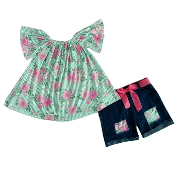 

unique children clothing set summer pure and fresh style floral jean set elastic neckline outfits