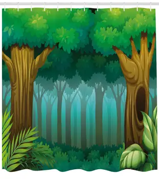 

Jungle Leaves Shower Curtain Gloomy Silhouette of a Deep Forest Scene with Trees and Plantation Foggy Bathroom