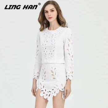 

LINGHAN Sexy Hollow out Set Long Sleeve Crochet Short Top + Irregular Mini Skirt Two-piece Set Designer Runway New