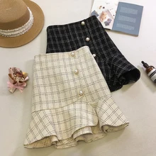 Юбка осень-зима Женская высокая талия тонкая A-Line платье с юбкой в клетку юбка «рыбий хвост» тонкий Черная рубашка молодая девушка, студентка короткая юбка