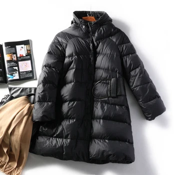 

Down Jacket Women Winter Style Duck Down Medium Length Fashionable Waistband Coat A Hat Can Be Hidden Into A Small Stand Collar