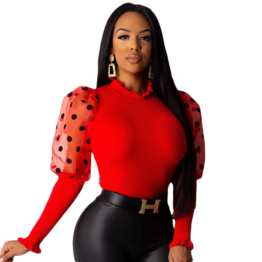 red mesh top Adogirl, узор в горошек, с пышными рукавами, в стиле пэчворк, ребристый Вязаный топ с оборками на шее, тонкий модный Повседневный пуловер, топы, Женские Вязаные Рубашки - Цвет: red mesh top