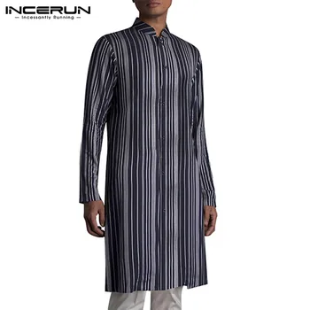 

INCERUN Vintage Men Long Shirt Striped Retro Stand Collar Button Long Sleeve Tops Indian Suit Chic Longline Shirt Men 2020