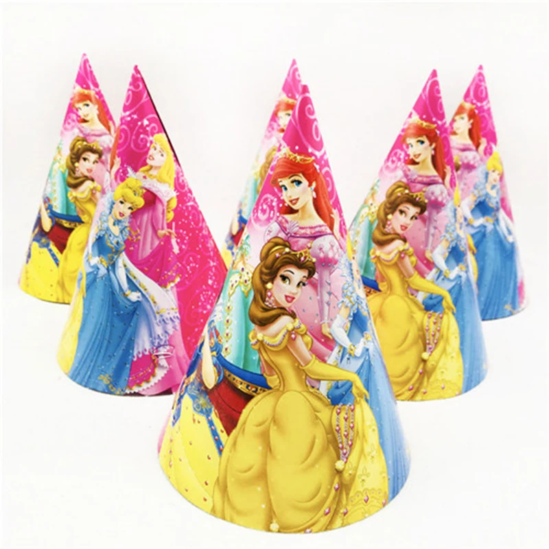 6 шт./лот, Ариэль/Белоснежка/Белль/Золушка/Жасмин/Аврора, предметы для вечеринки принцессы, бумажные шапки, шапки, детские украшения для дня рождения
