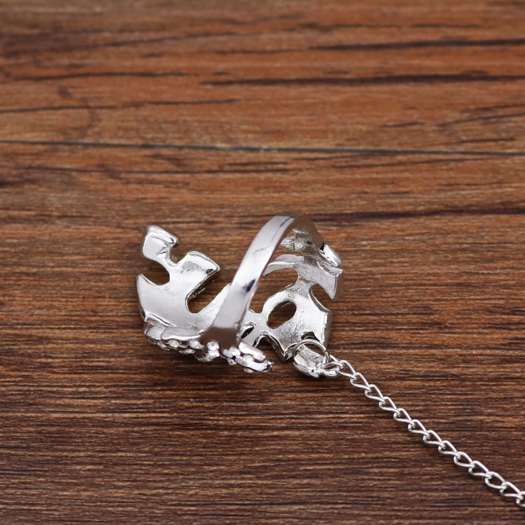 Fashion Crystal Leaf Slave Chain Hand Harness Silver Plated Bracelet Ring