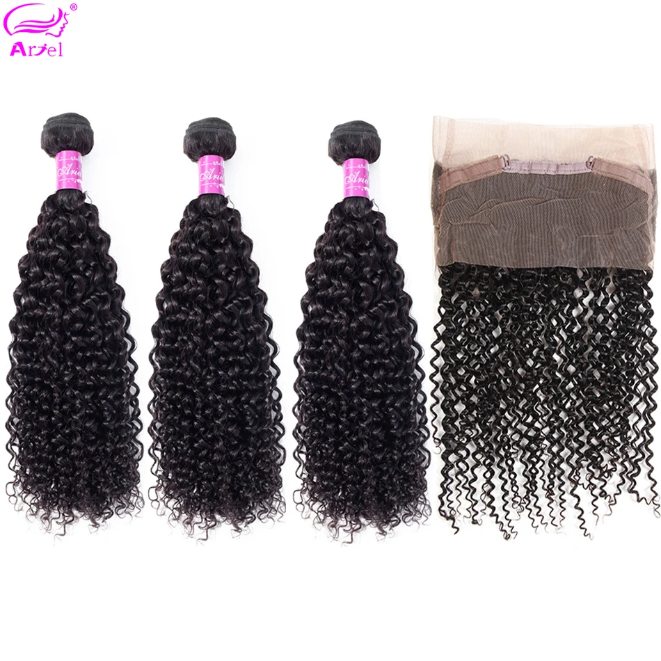 

Human Hair Bundles With 360 Frontal Peruvian Kinky Curly Bundles With Frontal 360 Non-remy 30 Inch 360 Lace Frontal With Bundles