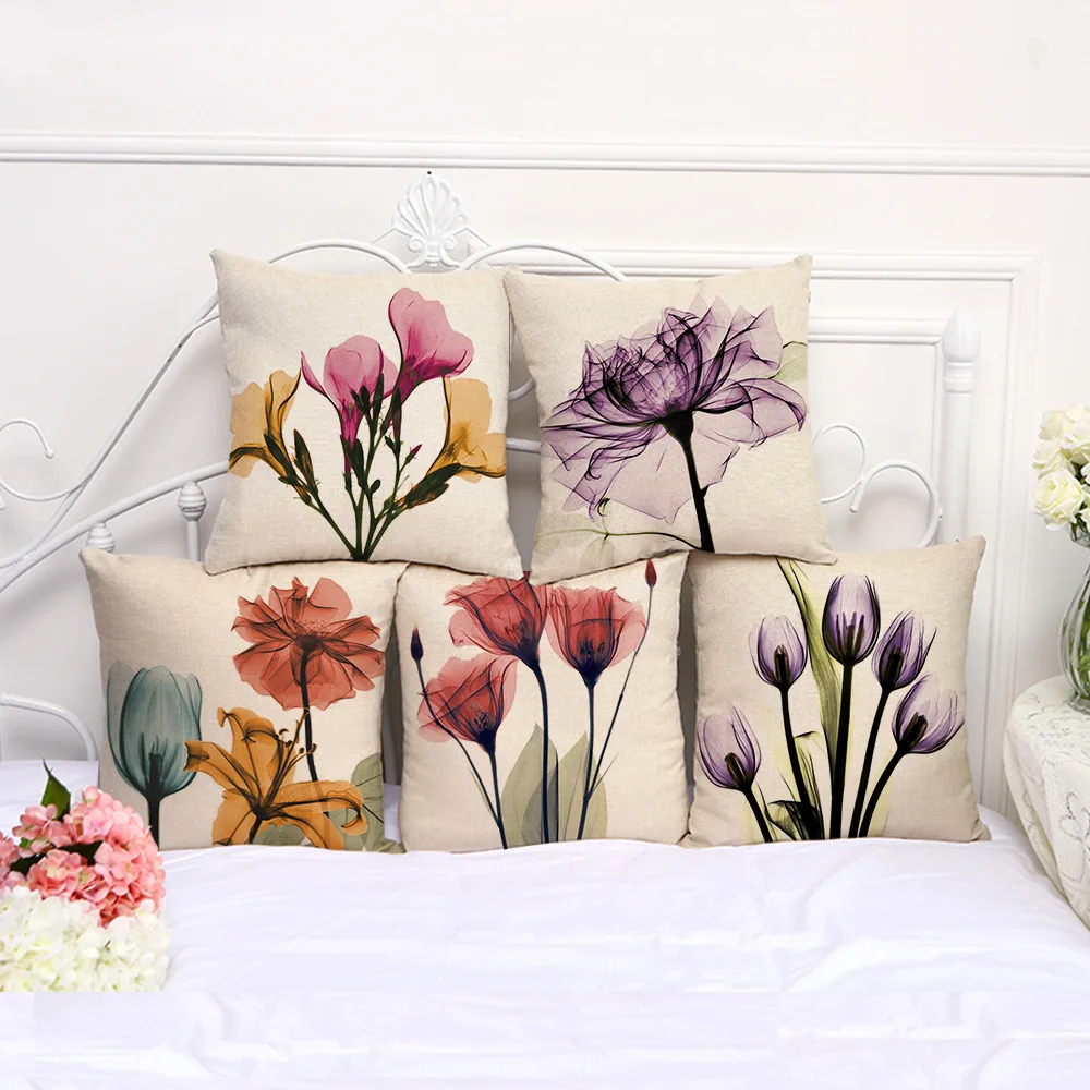 

5pcs Couch cushion Cartoon Flower printed quality cotton linen home decorative pillows kids bedroom Decor pillowcase wholesale