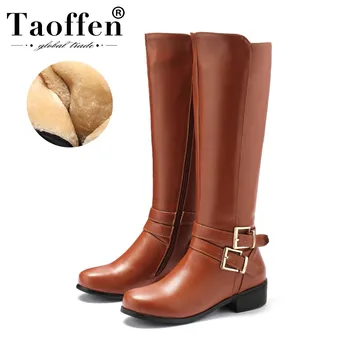 

Taoffen New Women Knee High Boots Side Zipper Buckle Round Toe Flats Shoes Woman Winter Warm Fur Long Boots Plus Size 33-46