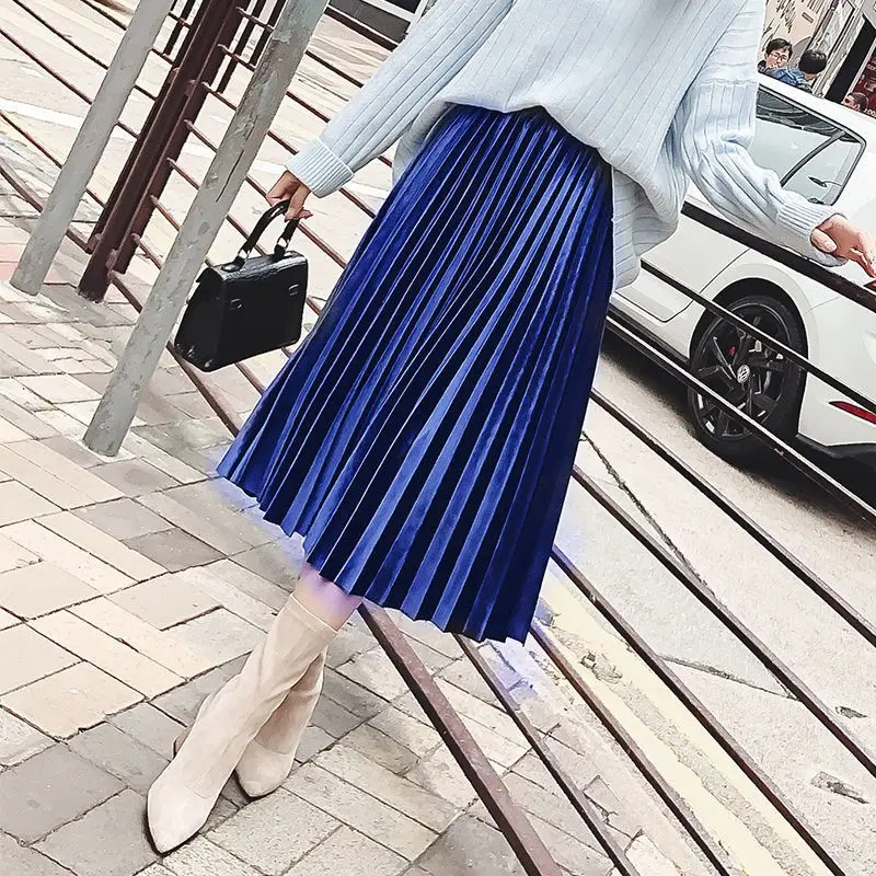 Новая модная плиссированная юбка на осень и зиму, Женская винтажная юбка с высокой талией, однотонные длинные юбки, новая модная юбка цвета металлик для женщин# FRE
