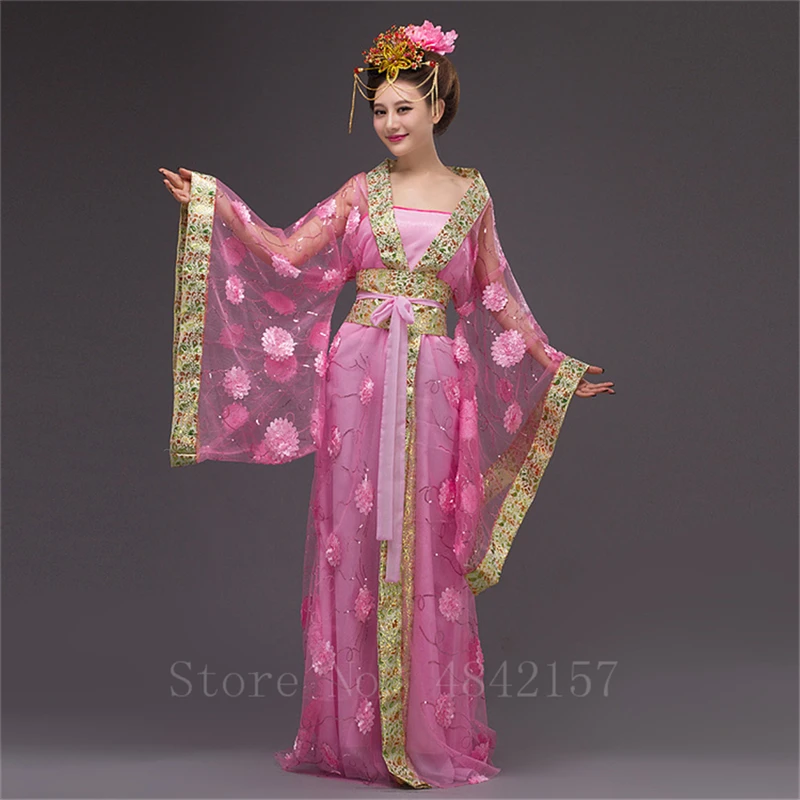Древний китайский традиционный стиль Hanfu женские элегантные цветочные кружевные танцевальные костюмы для выступлений сказочные национальные фотографии платье - Color: Pink
