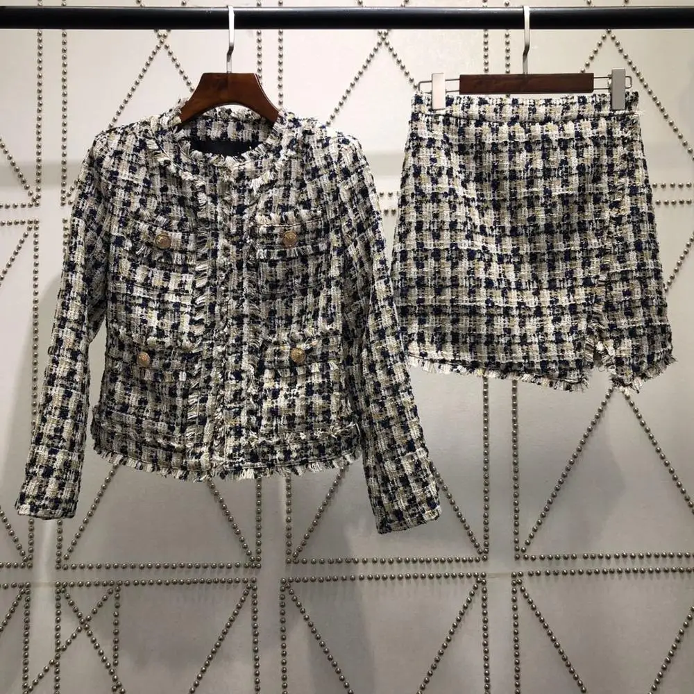 2019FW осенние новые женские твидовые куртки пальто+ юбка женские клетчатые повседневные костюмы 2 шт наборы rmsx 10,12 - Цвет: as the picture shows