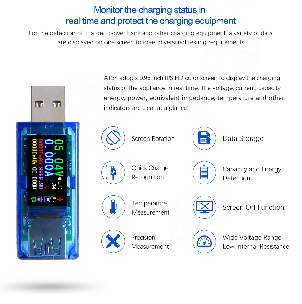 AT34 AT35 USB 3.0 color LCD Voltmeter ammeter voltage current meter multimeter battery charge power bank USB Tester