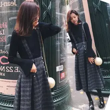 Xiaoxiang порт Стиль студентов пояс юбка двухсекционный костюм с черный свитер и шерстяной ремень юбка Женский комплект 2 шт