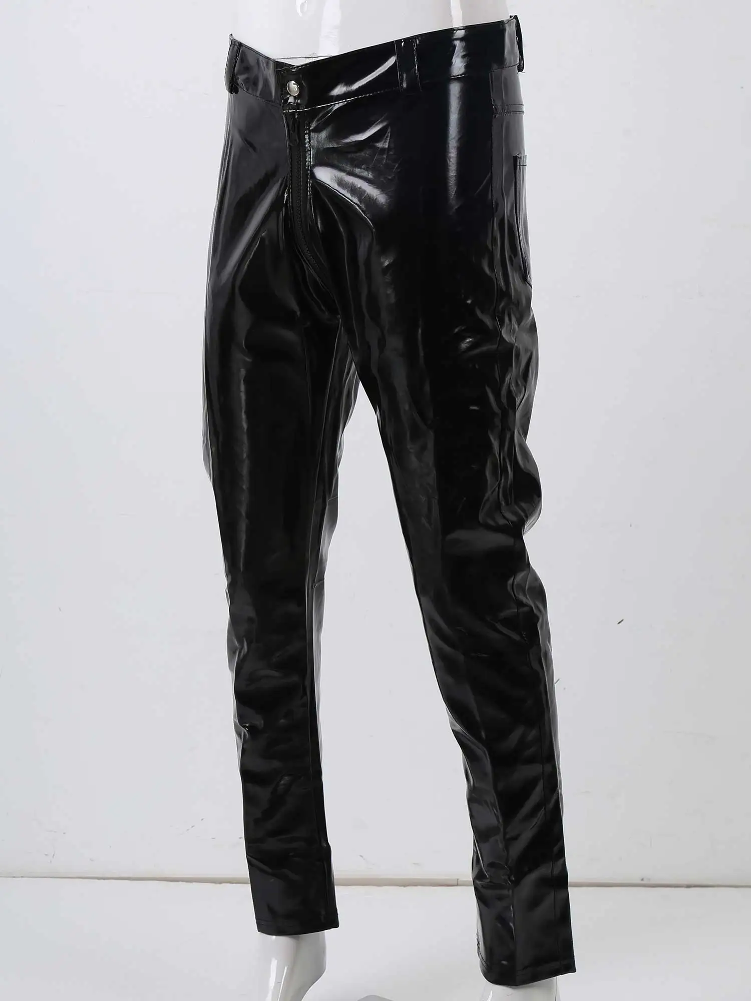 Sexy Black Latex Pants Men Lingerie Shiny Wetlook Patent Leather Trousers Open Crotch Costume Erotic Skinny Crotchless Pants