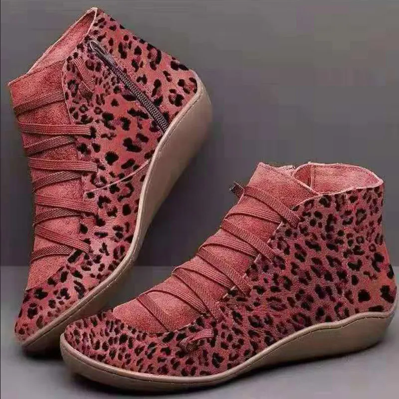 Leopard red Женские зимние ботильоны; женская обувь на плоской подошве, на молнии, с перекрестными ремешками, в стиле ретро; женская обувь размера плюс; женская повседневная обувь; Новинка - Цвет: Leopard red