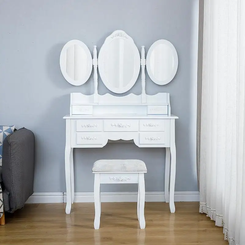 Description Picture 5 of itemDressing Table Stool Bedroom Furniture White Mirror Makeup Table In MDF 7 Drawers 3 Oval Rotatable Mirrors Home Furniture HWC