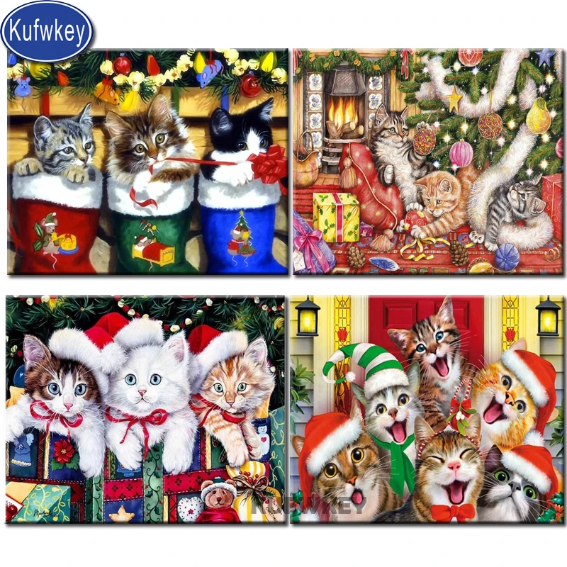Алмазная мозаика с рождественским котом на новый год полноразмерная квадратная