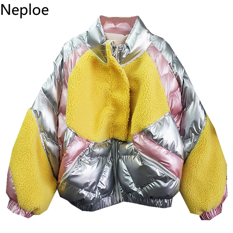 Neploe Fashion Patchwork Thicked Lambswool Cutton Coat Loose Casual Zipper Long Sleeve Parkas Autumn Winter Casaco Feminino47704