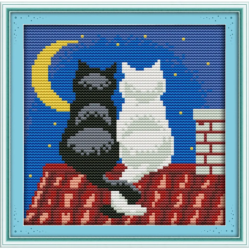 

Blank and White cats under the moonlight--A romantic lover DMC Counted Cross Stitch Set for Embroidery Knitting Needles Craft