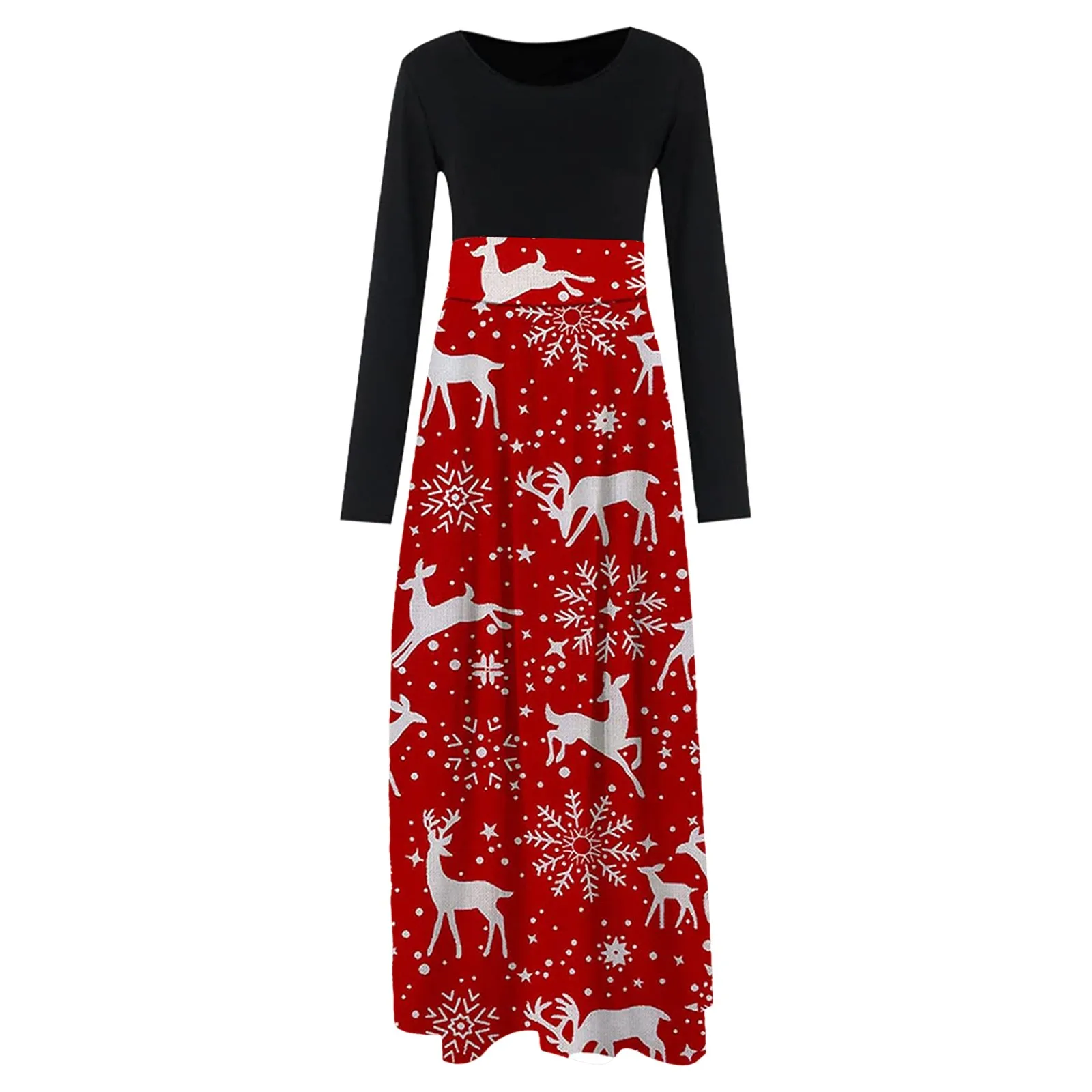Dress for Women Fashion Christmas Dresses Print Long Sleeve O-neck Loose High Waist Wedding Holiday Party Splice Maxi Dresses 1