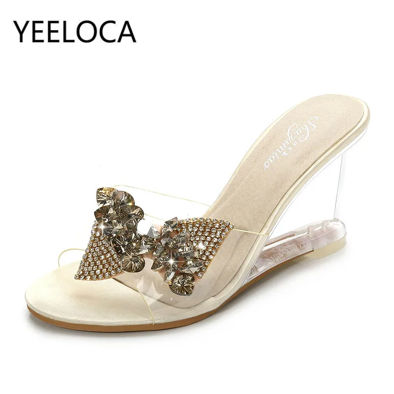 YEELOCA New High Heel Women's Wild Summer Women's Shoes Word Buckle Simple Wedge Sandals Transparent Bow-knot Slippers