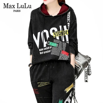 

Max LuLu Fashion Korean Autumn Ladies Two Piece Sets Club Outfits Womens Hooded Tops And Pants Vintage Hoodies Printed Tracksuit