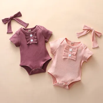 

Newborn Clothe Short Sleeveless Bodysuit Jumpsuit Newborn Infant Baby Girls Ruffle Solid Romper Bodysuit Headband Summer Outfits