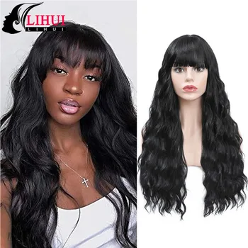 

LIHUI Wig with Bangs 26 Inches Heat Resistant Afro Natural Wig Cosplay Black Long Wigs for Women Water Wave Synthetic