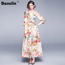Banulin, Осеннее сексуальное женское длинное платье с глубоким v-образным вырезом и цветочным принтом, подиумное женское Пляжное Платье макси с рукавом-фонариком для вечеринки