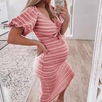 

Women Pregnant V-Neck Maternity Short Sleeve Printed Stripe Frenulum STRAIGHT Dress cotton Pregnant casual clothes summer Dress