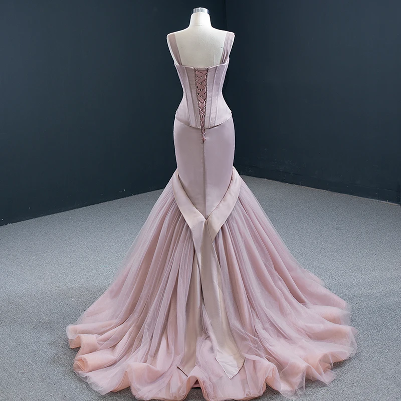 RSM67152 Pink Tight Elegant Evening Party Evening Dress 2021 Customizable Sling Cross Lace Frill Fishtail Prom Dress 2