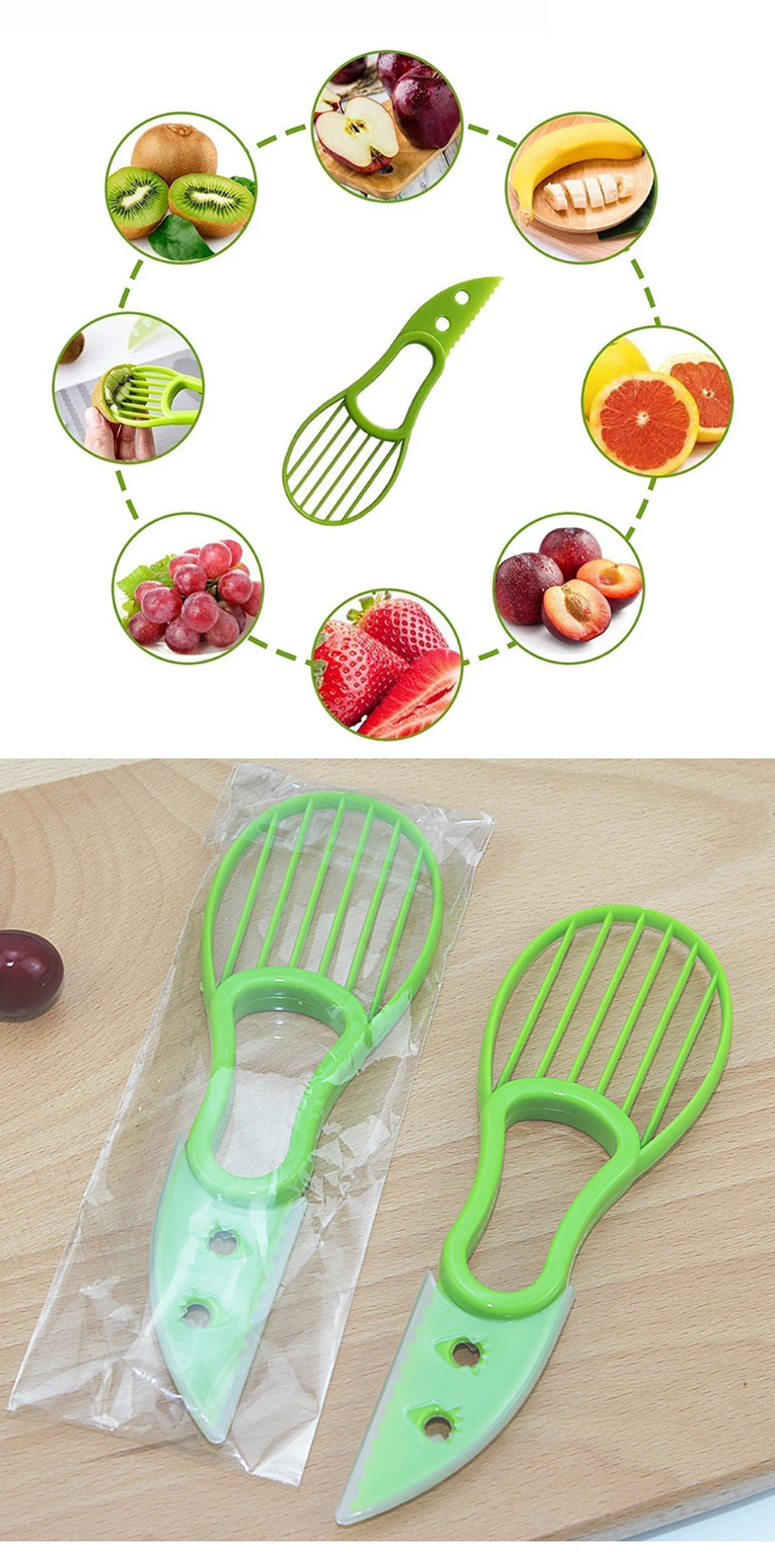 Coupe-avocat 3-en-1 Vert - Épluche, Tranche, Dénoyaute - Ustensile Cuisine Lot De 2