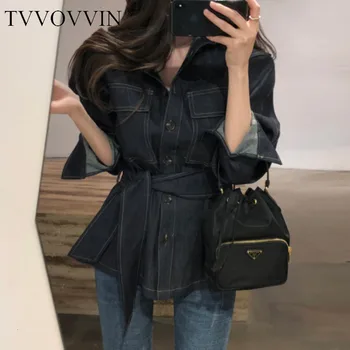 

TVVOVVIN 2019 Autumn Temperament Lapel Single Row Buckle Waist Belt Leisure Time Han Shirt Short Loose Coat With Belt ZX367