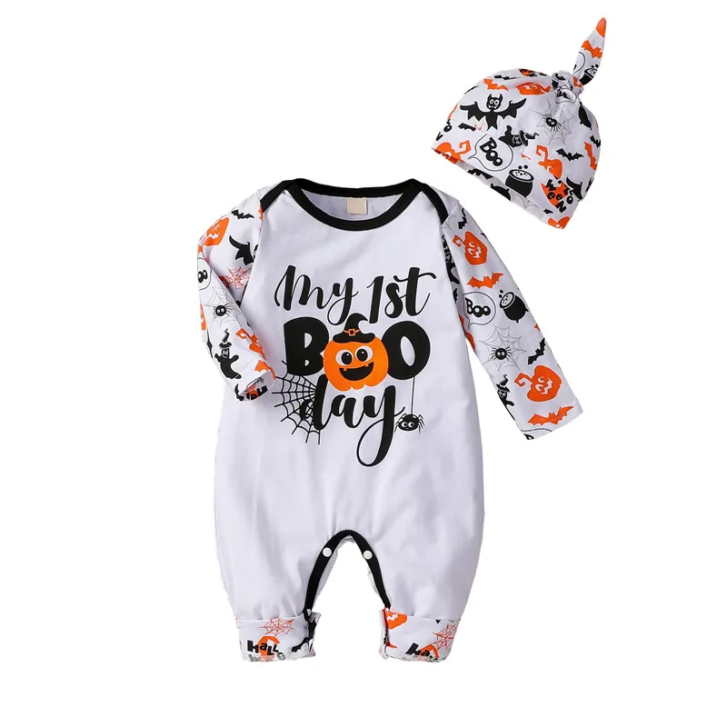 0 24 Months Baby Halloween Rompers Cartoon Patterns Print Long Sleeve Jumpsuit + Hat For Baby