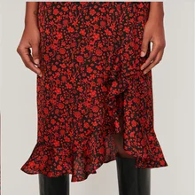 Французская черная/красная Асимметричная юбка с цветочным принтом в виде рыбьего хвоста, атласная шифоновая креповая юбка, рок-юбка, романтическая струящаяся юбка с оборками и разрезом