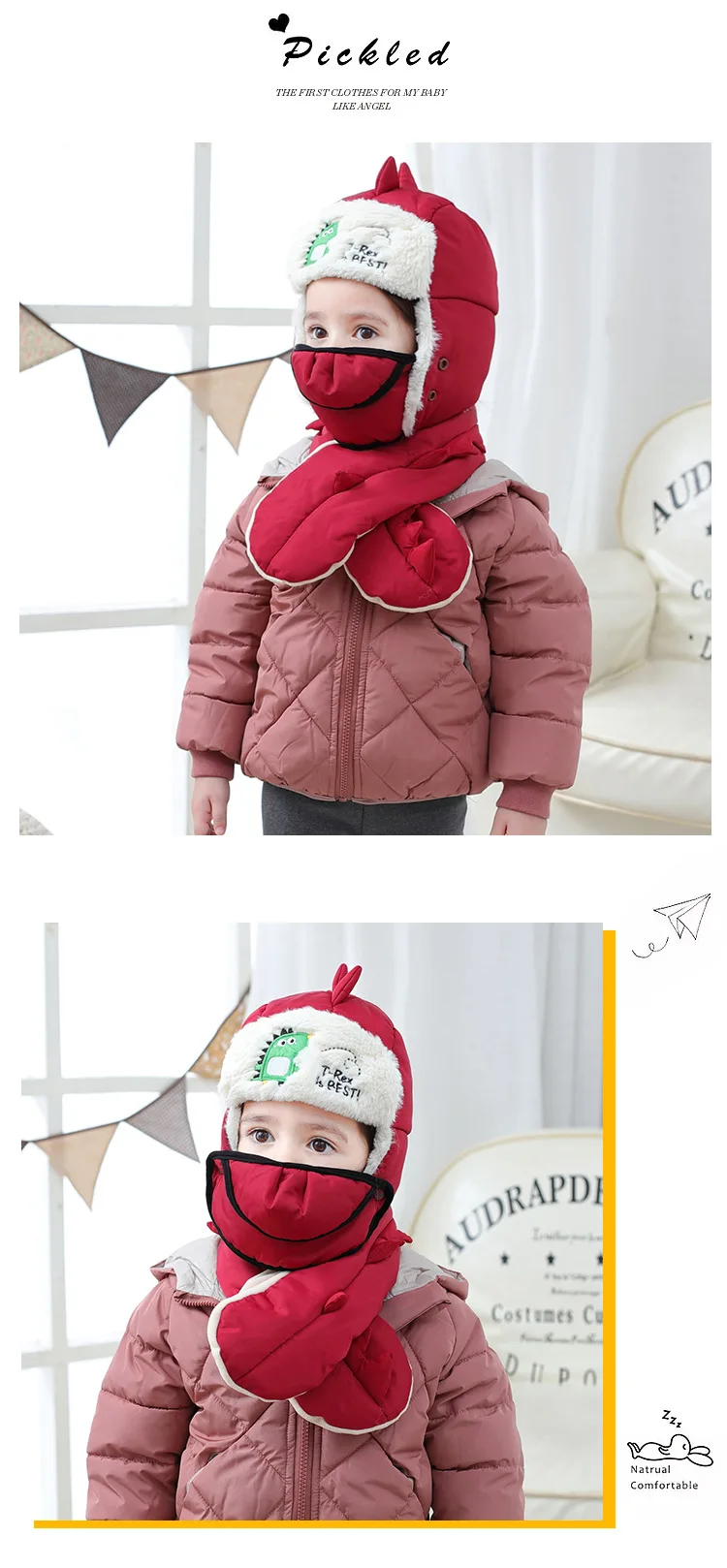 Детская плотная шапка с рисунком динозавра, маска, шарф, комплект, теплая осенне-зимняя верхняя одежда для маленьких мальчиков и девочек, Ветроустойчивая шапка с ушками для путешествий