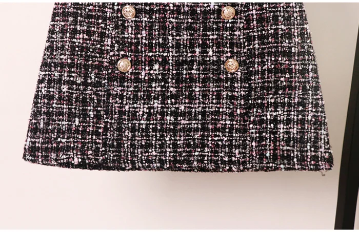 Женская твидовая юбка корейская осень/зима Высокая талия стройнящая Мода двубортная мини-юбка