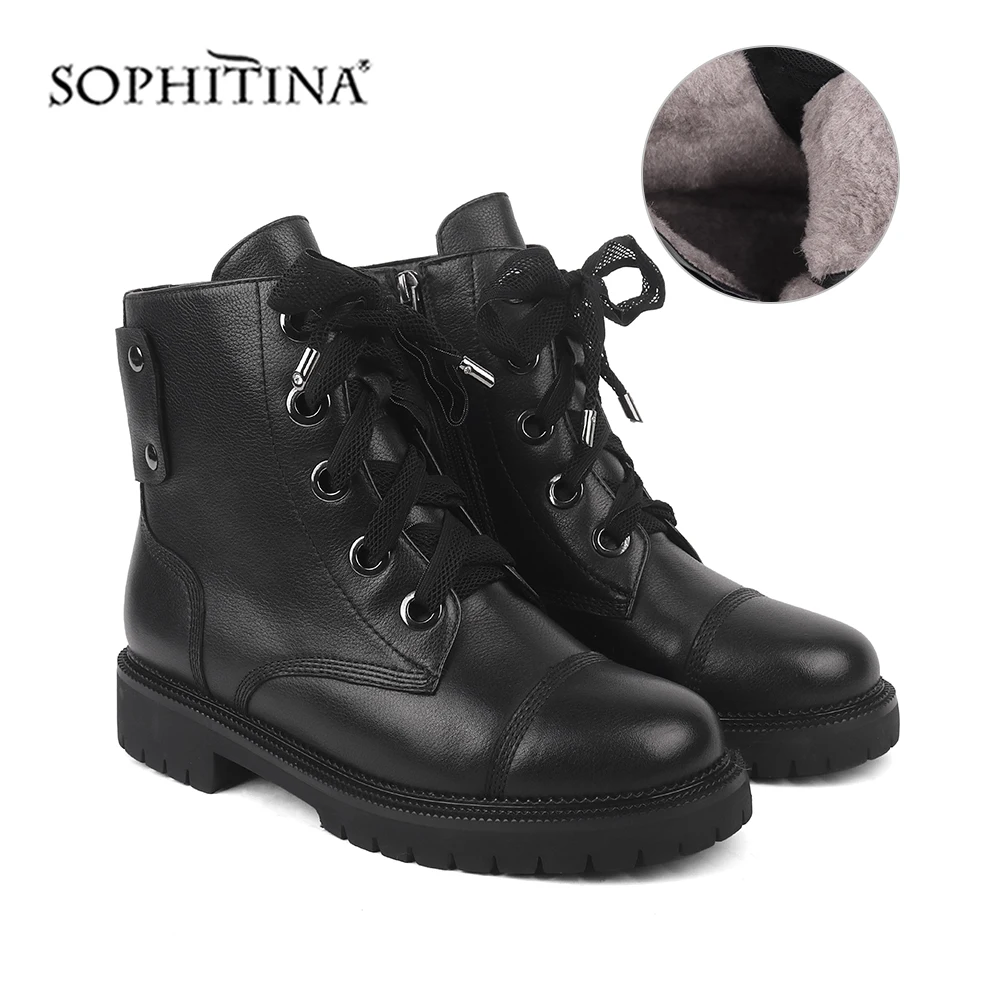 

SOPHITINA Comfortable Round Toe Boots High Quality Cow Leather Lace-up Square Heel Handmade Women's Shoes New Ankle Boots SC437