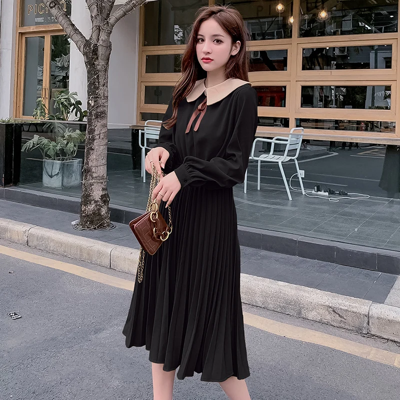New Korean Version High Waist Bottom-knit Long Sleeve Vestito Donna Pleated Gorgeous Ladies Cute Design Summer Dress for Women
