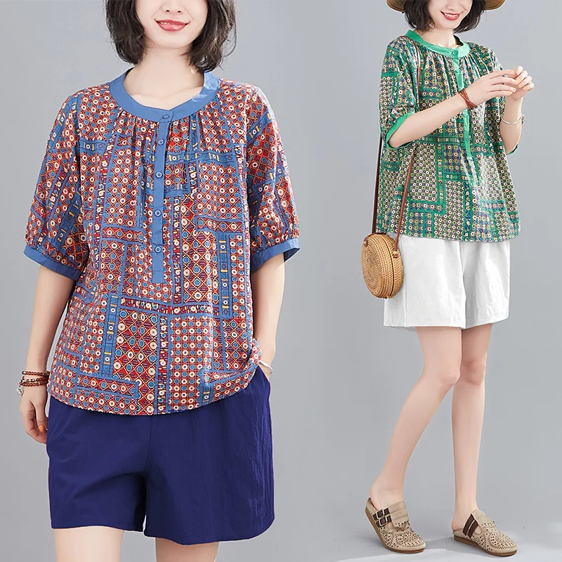 

New Arrival Summer Arts Style Women Loose Casual Short Sleeve O-neck T Shirt Polka Dot Print Button Cotton Linen T-shirt W364
