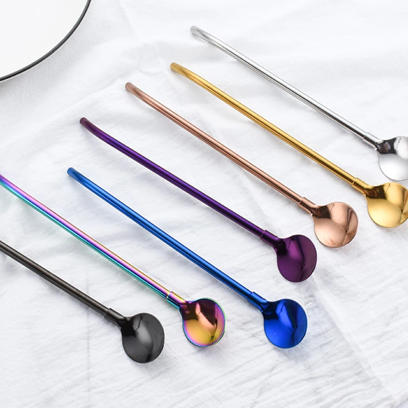

Creative Reusable Drinking Straws Spoon Stainless Steel Extra Long Drinking Straw Portable Rainbow Color Cocktail Stirring Spoon