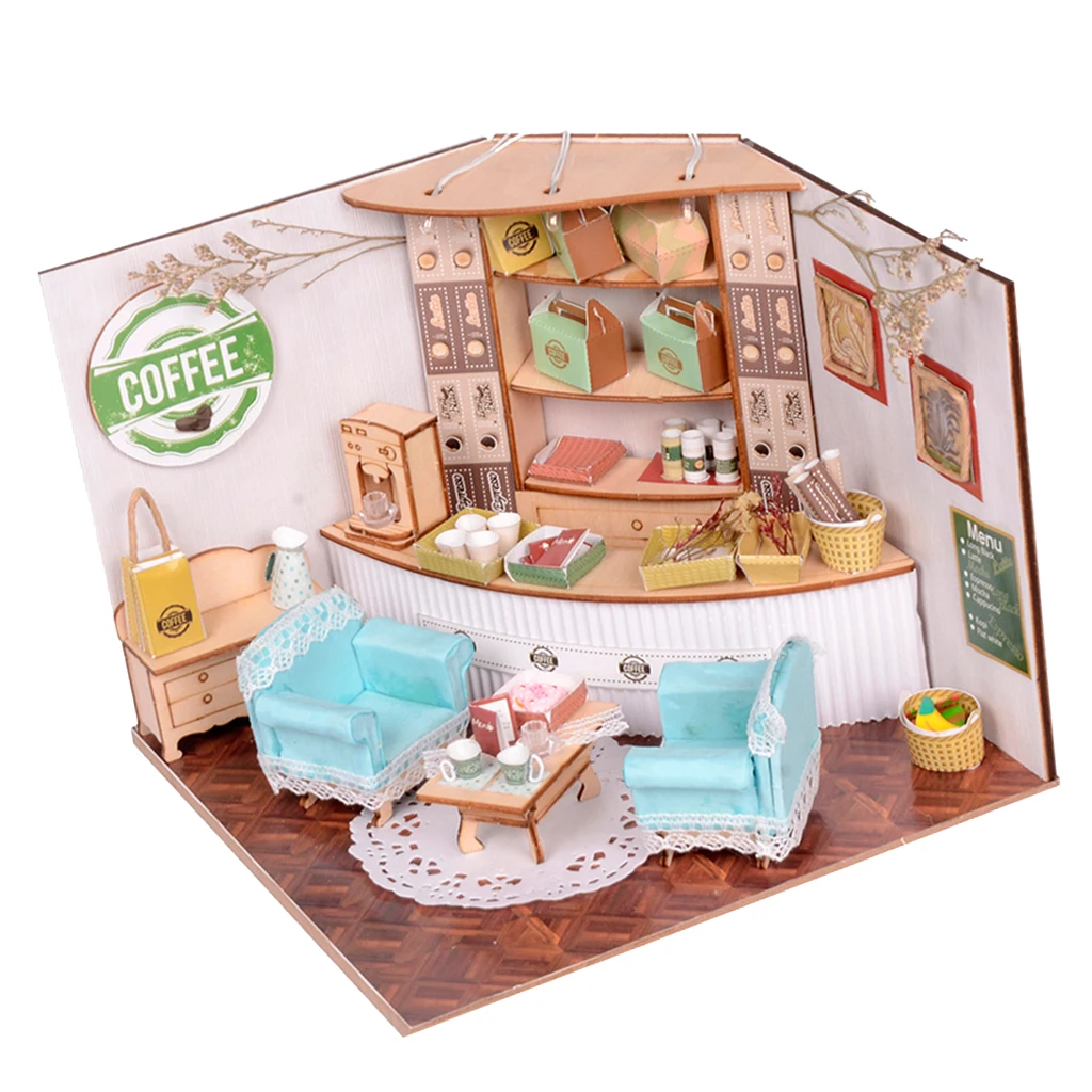 1/24 DIY Miniature Doll House Wooden Simple Coffee Shop with Furniture, LED Light