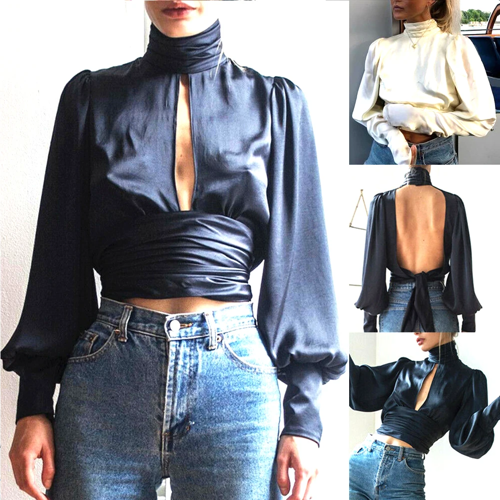 Women Blue Open Back Sexy OL Work Sexy Satin Puff Sleeve High Neck Backless Tie Blouse Party Shirt Tops Crop Top 2 Colors