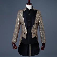 Vestidos Longos de Festa Casamento Sequin Long DJ Coat Blaser Alongado Gold Mens Tailcoat Costume Mens Gold Jacket