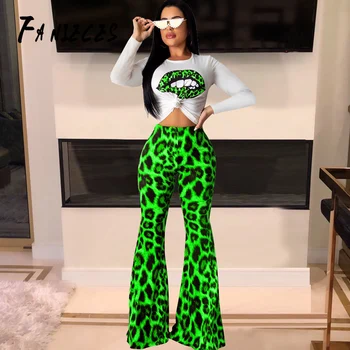 

Autumn winter Sexy club wear Leopard print 2 Two Pieces Set T-shirt Tops and Long Flare Pants Women Pants Sets Suit streetwear