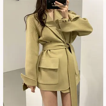 

HziriP Chic Winter Women Fashion Gentle 2020 High Quality Casual Brief Solid Elegant Woolen Lace-Up Loose Streetwear Warm Coats