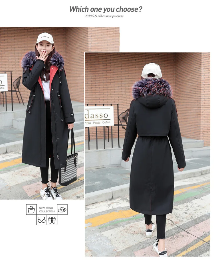 Winter New Style Thick plus Velvet Removable Shoulder over-the-Knee Long Hooded Large Fur Collar Women Coat Warm Cotton Coat